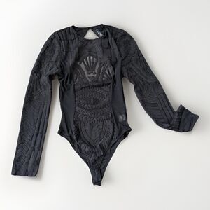Akira Black Embroidered Bodysuit Size M Long Sleeve Sheer